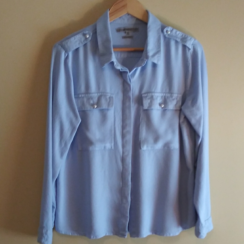 Blouse light blue cotton pearl buttons